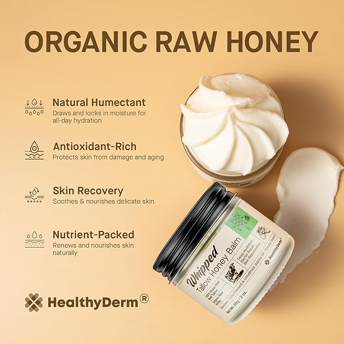 Beef Tallow Honey Balm for Skin: 100% Grass Fed Organic Moisturizer with Organic Raw Honey, Jojoba Oil, Vitamin E – Natural Face and Body Care for Mature, Dry or Sensitive Skin, 2oz, Pack of 2