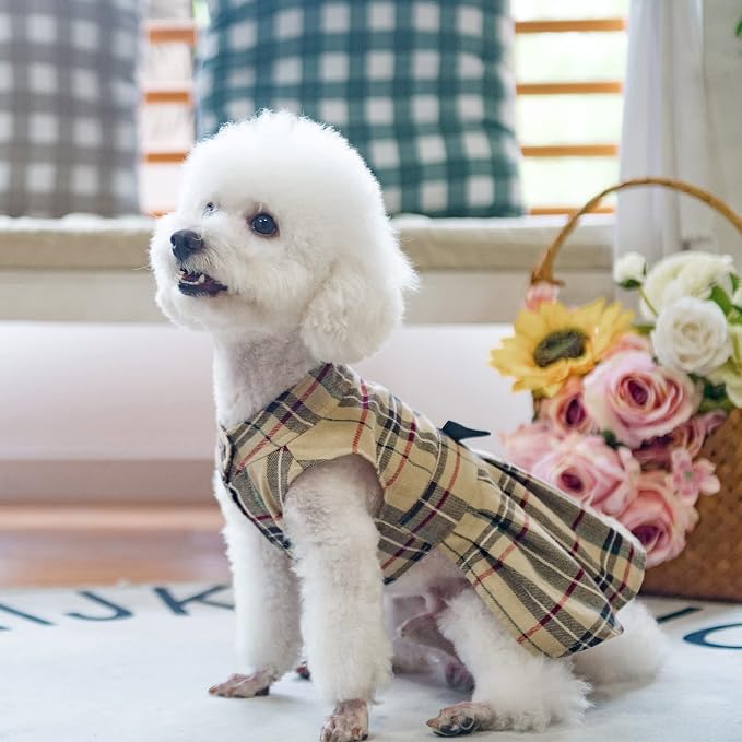 PUPTECK Classic Beige Plaid Dog Dress with Bow Puppy Skirt Clothes M | Cute Chic Cat Puppy Clothes for Small Medium Large Dogs Girl Pet Apparel Outfits Costume for Birthday Wedding Party Holiday