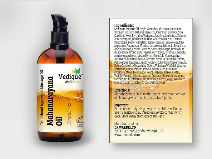 VEDIQUE Remedies Mahanarayana Oil | 100ml (3.38 fl oz) | Over 50 Herbs | Classical Ayurvedic Massage Oil for Muscles & Joints | Vata Balancing | All Natural