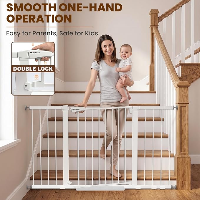 Mumeasy 29.7-54.2" Baby Gate for Stairs, Pressure Mounted Dog Gate for Doorways, Extra Wide Walk Thru Safety Pet Gate for Doors with Auto Close, Easy Install Child Gate for Hallway Indoor House, White
