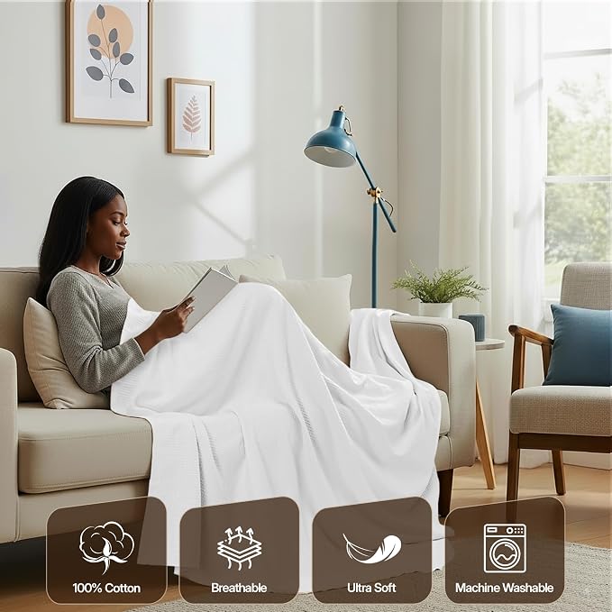 Utopia Bedding Cotton Blend White Waffle Blanket Throw - 50x60 Inches | Lightweight, Skin Friendly, Breathable, All Season, Luxury, Bed, Couch, Sofa