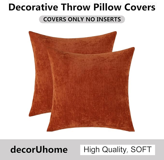 decorUhome Soft Chenille Rust Throw Pillow Covers 18X18 Set of 2 | Decorative Fall Couch Pillow Covers Solid Dyed Accent Modern Farmhouse Neutral Square Pillow Cases for Sofa