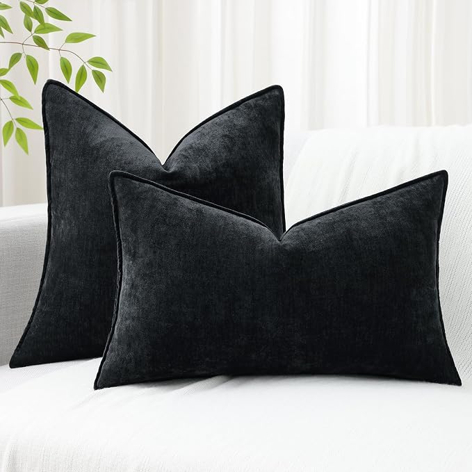 decorUhome Chenille Black Velvet Throw Pillow Covers 22x22 Set of 2 | Fall Soft Euro Sham Couch Decorative Modern Farmhouse Pillow Cases with Elegant Design for Sofa Bed Living Room Home Decor