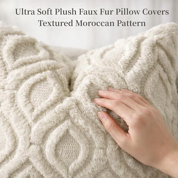 decorUhome Faux Fur Plush Soft Beige Throw Pillow Covers 18x18 Set of 2 | Wool Solid Fall Couch Pillow Covers, Accent Modern Farmhouse Neutral Decorative Square Pillow Cases for Sofa Bed Living Room