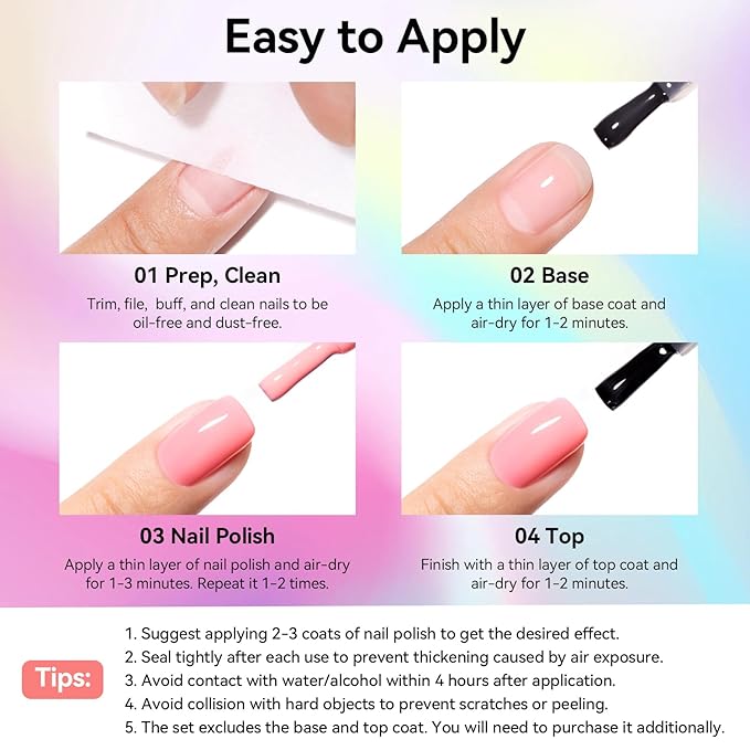 Rainbow Nail Polish Set 6 Colors Pink Coral Mint Sky Blue Lavender Azure Pastel Nail Polishes, Quick Dry, Non Gel, Opaque, Rich in Castor Oil, Nail Art DIY at Home Manicure Gift for Women