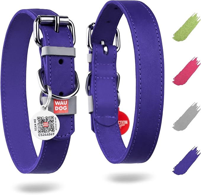 WAUDOG Long Lasting Leather Dog Collar for Large Dogs, Medium & Small Dogs - Adjustable Classic Puppy Collars for Large Breed Dogs - Boy & Girl Dog Collars with Durable Buckle, D-Ring & QR Dog Tag