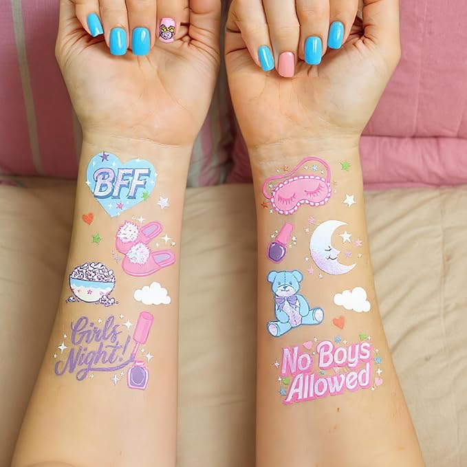 Girls Sleepover Party Temporary Tattoos, 78+ Styles, 3 Sheets, Spring and Party Theme Designs, Birthday Party Favors/Movie Night Goodie Bag Favors, Cute Bday Decorations, Stocking Stuffer