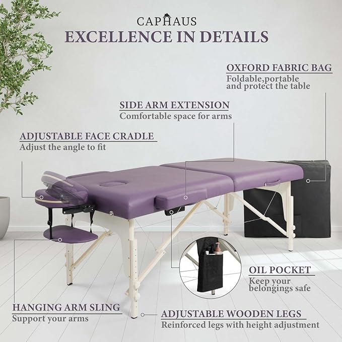 CAPHAUS Premium Memory Foam Massage Table, 84 Inch Foldable & Portable, Height Adjustable Spa Bed, Facial Cradle Salon Bed, Wooden Legs & Carry Case, 32 Inch Wide, Purple