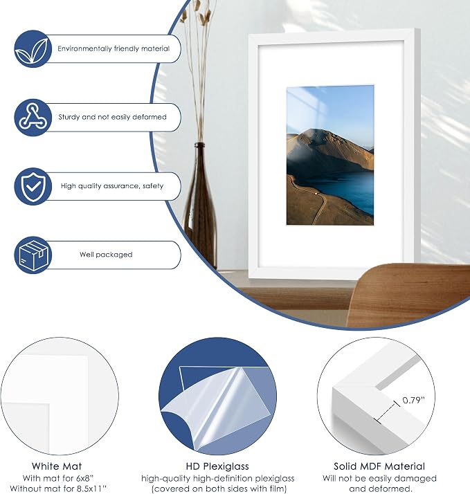 8x12 Picture Frame Set of 6, Wall or Tabletop Display, White | Display 6x8 with Mat or 8x12 Without Mat, Horizontal or Vertical, Gallery Wall Frame Set for Wedding & Room & Home Decor