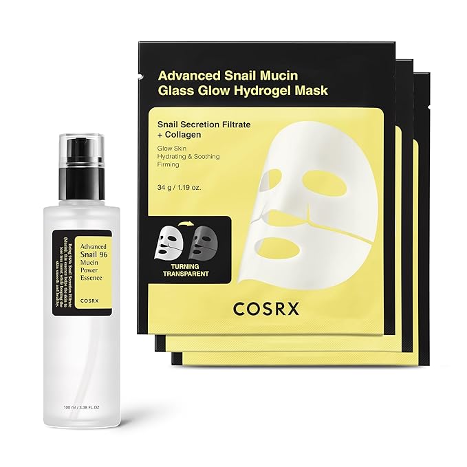 COSRX Snail 96 Essence + Hydrogel Mask 3EA- Advanced Snail 96 Mucin Serum and Glass Glow Hydrogel Collagen Face Masks, Travel Essentials, Stocking Stuffers, Korean Skin Care