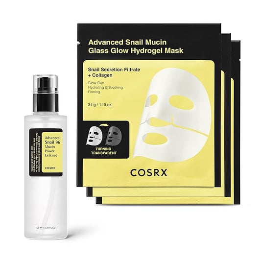 COSRX Snail 96 Essence + Hydrogel Mask 3EA- Advanced Snail 96 Mucin Serum and Glass Glow Hydrogel Collagen Face Masks, Travel Essentials, Stocking Stuffers, Korean Skin Care