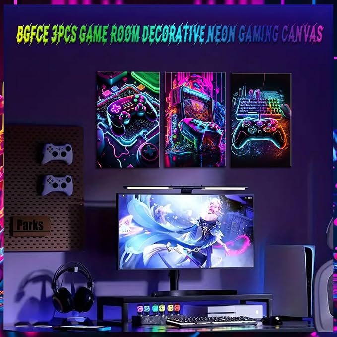 BGFCE Game Room Decor Posters Set of 3 - Neon Gaming Accessories Theme Canvas Wall Art, Gamer Console Paintings Picture Wall Decor for Children Youth Boys Bedroom 12x16 inch Framed