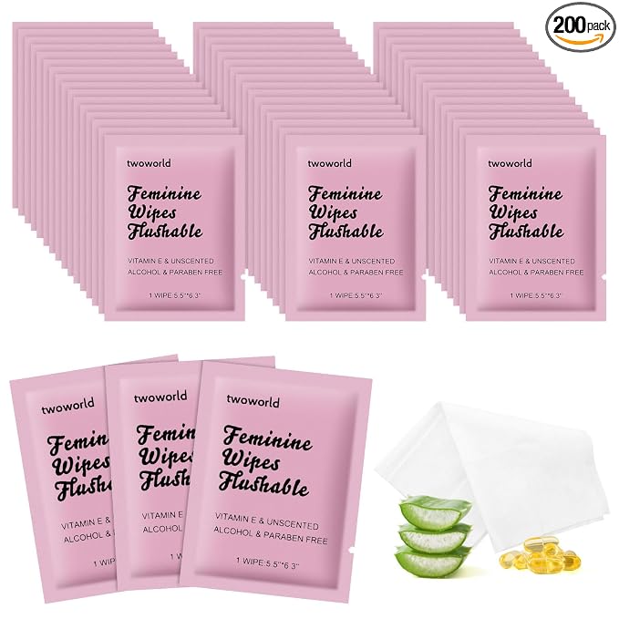 twoworld 200 Feminine Wipes Individually Wrapped,Flushable Wipes Travel | Feminine Care Vaginal Wipes for Adult,Women,Girl and Homeless(Unscented)