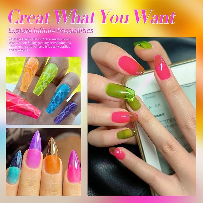 Born Pretty Neon Jelly Nail Polish Set, 6 Colors Spring Summer Ice Jelly Neon Nail Polish Quick Dry Fingernail Polish Kit Crystal Transparent Hot Pink Yellow Green Blue Nail Lacquer Glossy Polish Set