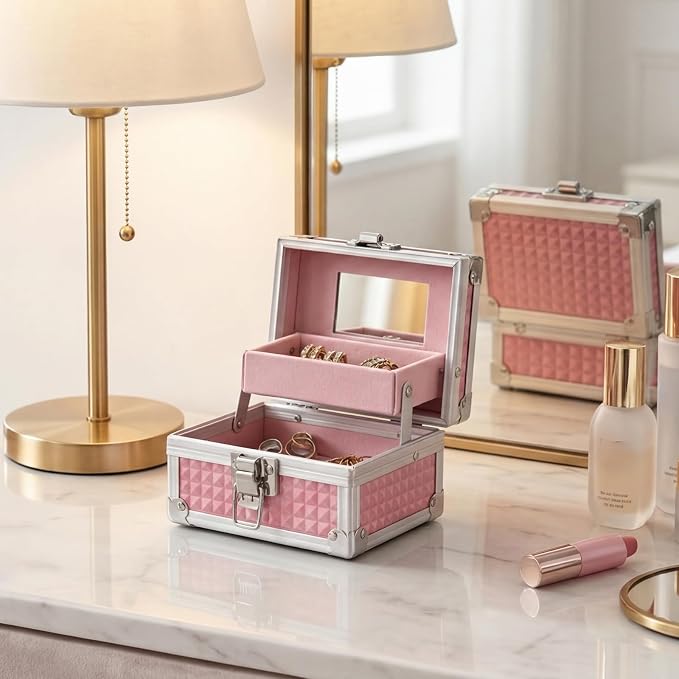 Hipiwe 2-Layer Decorative Jewelry Box Pink Hair Accessories Stotage Case | Metal Jewelry Trinket Organizer Box with Mirror and Drawer for Earrings Rings Necklace, 4.7" x 3.7" x 3.1"