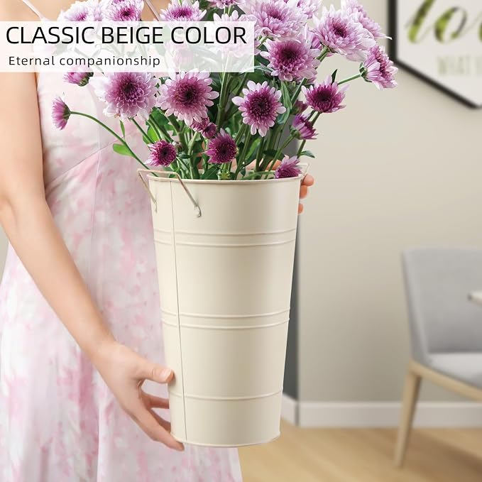 Notakia 12 Inch Large Galvanized Metal Vases Farmhouse French Flower Bucket Vases for Cut Flowers for Home Decor and Wedding Table Centerpiece Decorations (Large Beige 8Pcs)