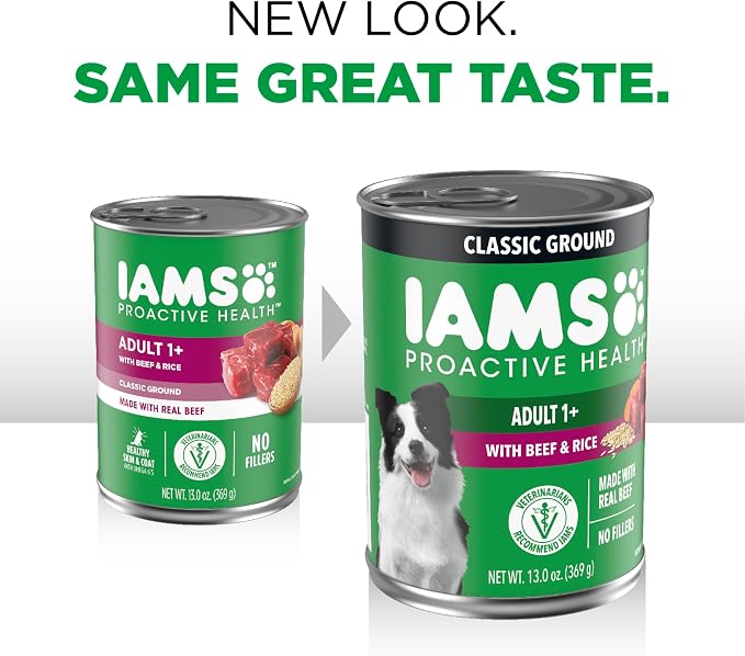 IAMS Proactive Health Ground Wet Dog Food, Beef & Rice, 13 oz, 12 Pack | Real beef, Omega-6 for skin & coat, no fillers or artificial flavors, 100% complete & balanced for adult maintenance