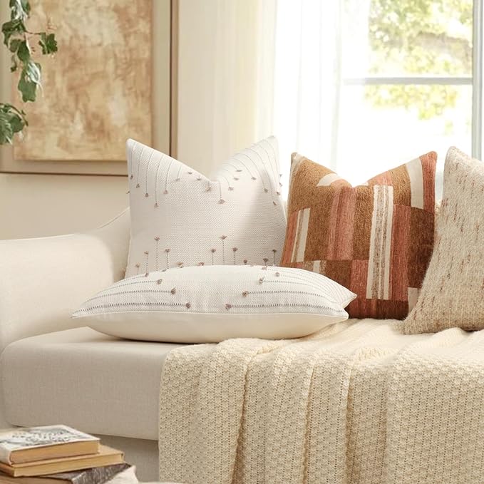 YCOLL Boho Outdoor Throw Pillow Covers 20x20 Set of 2 Neutral Woven Decorative Pillowcases Cotton Tufted Couch Pillows Modern Farmhouse Cushion Covers for Sofa Couch Bed Living Room Home Decor, Khaki