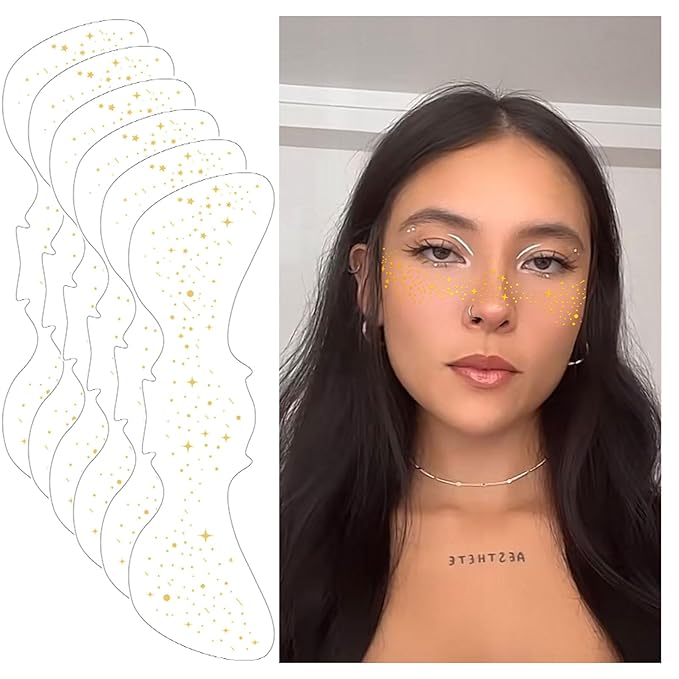 Gold Glitter Freckles Face Tattoo - Face Sparkle Freckles Sticker - Gold Faces Glitter Makeup Speckles for Glitters Makeup Accessories for Women - Halloween Makeups Prom - Rave Party