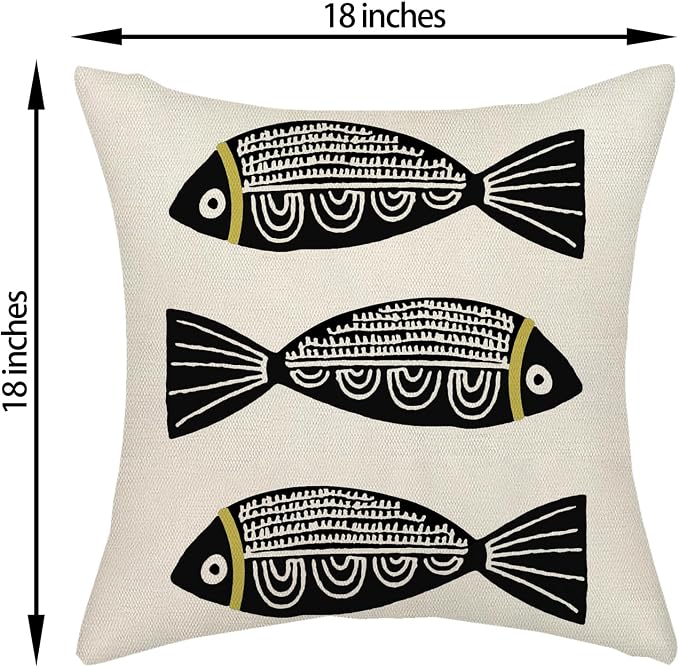 Coastal Pillow Covers 18x18 Inch Set of 2 Ocean Beach Black Fish Throw Pillows Summer Natical Outdoor Decorative Pillow Cases Linen Farmhouse Cushion Cover for Couch Home Sofa Bedroom Decor