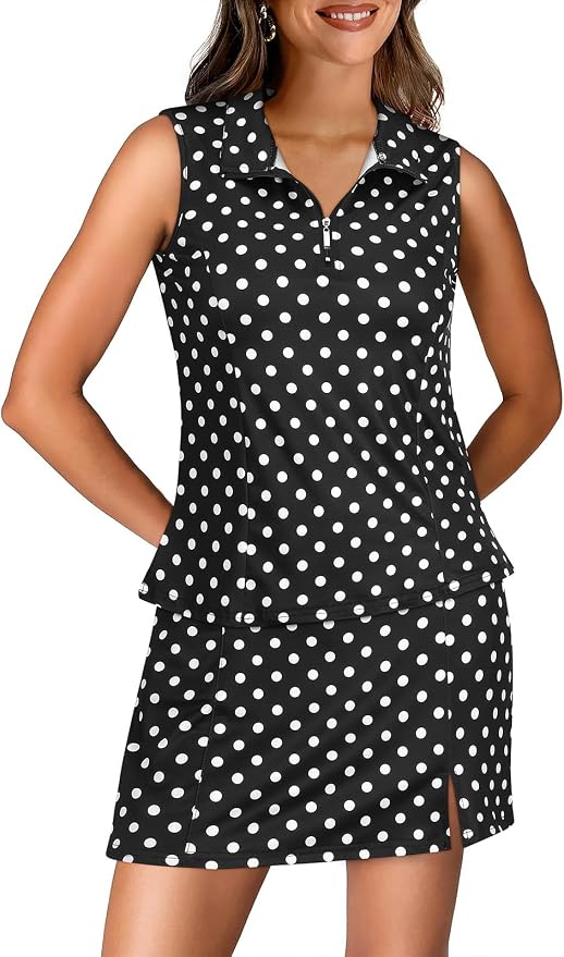 Koscacy Women's Tennis Skort Set Zip Up Tank Top 2 Piece Summer Outfit