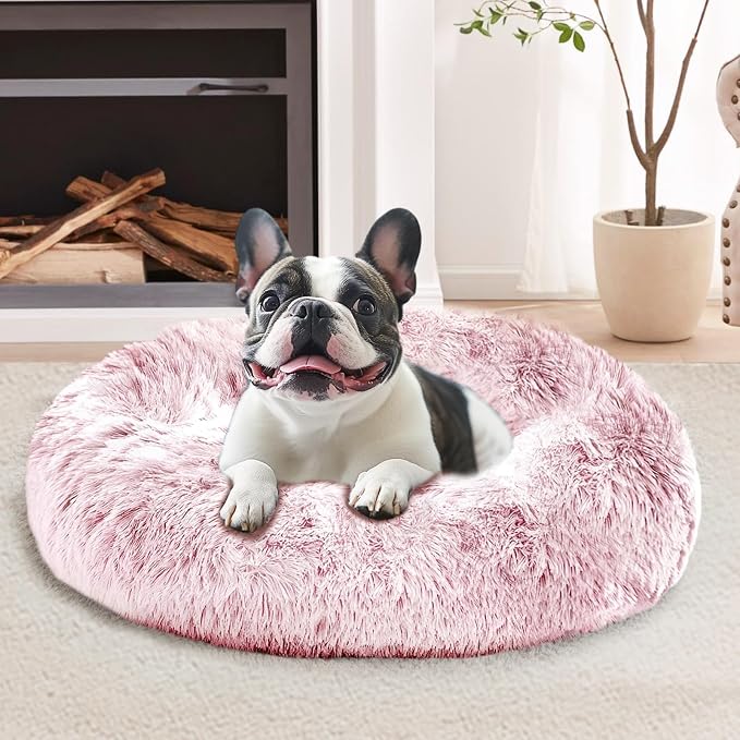 JOLLYVOGUE Calming Dog Bed for Small Dogs - 23 inches Donut Washable Small Dog Bed for Kittens & Puppies, Anti-Slip Round Fluffy Plush Faux Fur Cat Beds (Fits up to 25 lbs Pets, Smoke Pink)