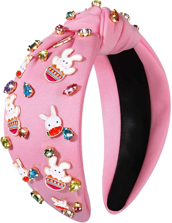 mokkia Easter Headbands Beaded Rabbit Bunny Headband for Women Pink Spring Knotted Headband Easter Hair Accessories Gifts