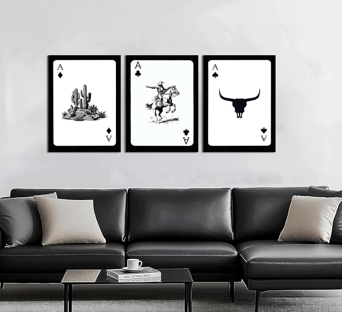 Western Cowboy Wall Art Set of 3 Southwestern Cowboy Print Playing Card Canvas Wall Decor Longhorn Bull Skull Poster Picture Prints Painting for Bedroom Living Room 12x16 In Framed