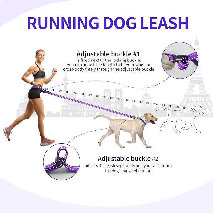 Kazazoo Hands-Free Dog Leash Adjustable Length 5-8 Ft,Waist & Crossbody Leash for Walking with Small Dogs Bichon Frisé & Teddy Reflective Strips, Ballistic Nylon, Waist Belt, Lightweight Purple