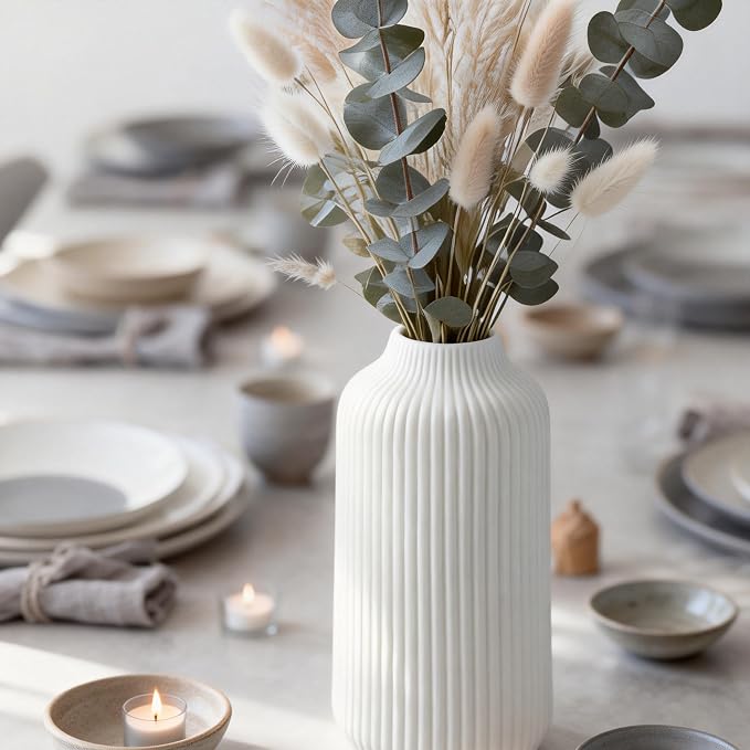 flature Ceramic Vase in Nordic Style, Decovase Large for Pampas Grass as Boho Deco, Vase White Matt 10 inch for Flowers, Scandinavian Design Home Decoration for Fresh Flowers, Dried Flowers (Size L)