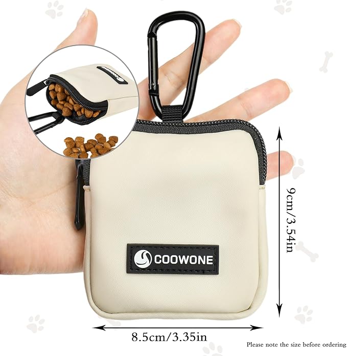 Dog Treat Pouch 2 PCS, Waterproof Small Dog Treat Bag for Leash, Hands Free Dog Walking Bag with Carabiner, Dog Poop Bag Holder for Pet Puppy Travel or Outdoor Use, Zipper Closure to Avoid Spilling