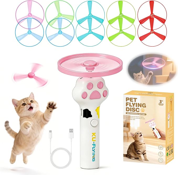 Cat Toy Disc Launcher,Rechargeable Interactive Cat Fetch Toy with 10 Discs | Cat Toys for Indoor Cats,Flying Cat Enrichment Toys for Adult Kittens Dog Playing,Hunting Tracking Toys for Outdoor Indoor