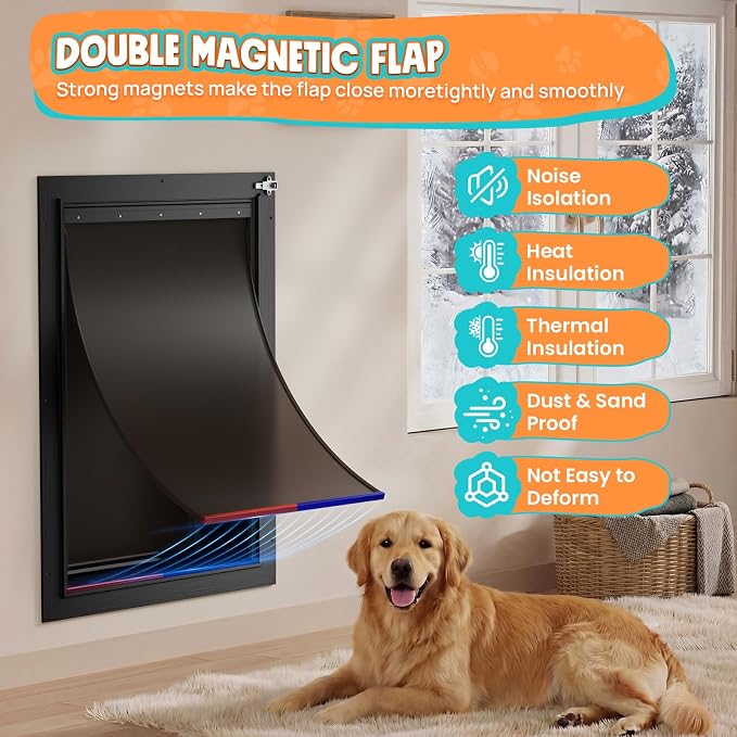 XL Dog Door for Wall, 2-Flap Aluminum Doggy Door, Pets Up to 220 LB | Magnetic Seal, Energy Efficient, Wide Telescoping Tunnel for Walls, Durable Rust Resistant, Closing Panel, Safety Locks