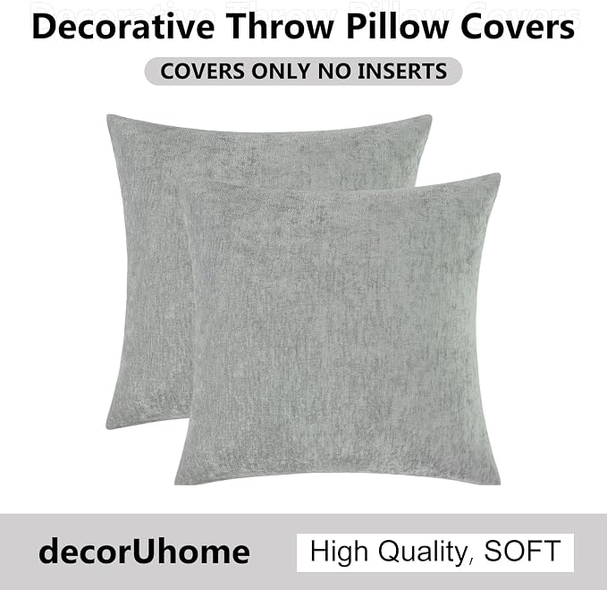 decorUhome Soft Chenille Grey Throw Pillow Covers 26X26 Set of 2 | Decorative Fall Couch Pillow Covers Solid Dyed Accent Modern Euro Sham Farmhouse Neutral Square Pillow Cases for Sofa