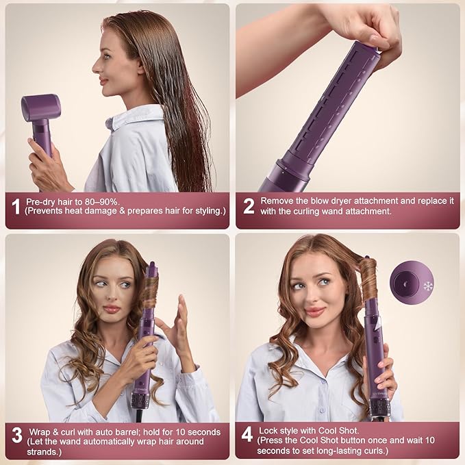 StyleVibe 6-in-1 Air Styler, Hair Dryer & Blow Dryer Brush with Auto Wrap Curl L/R, Fast Drying, Smooth Blowouts, Root-Lift Volume, No Heat Damage Frizz-Free Thermal Brush with Travel Bag