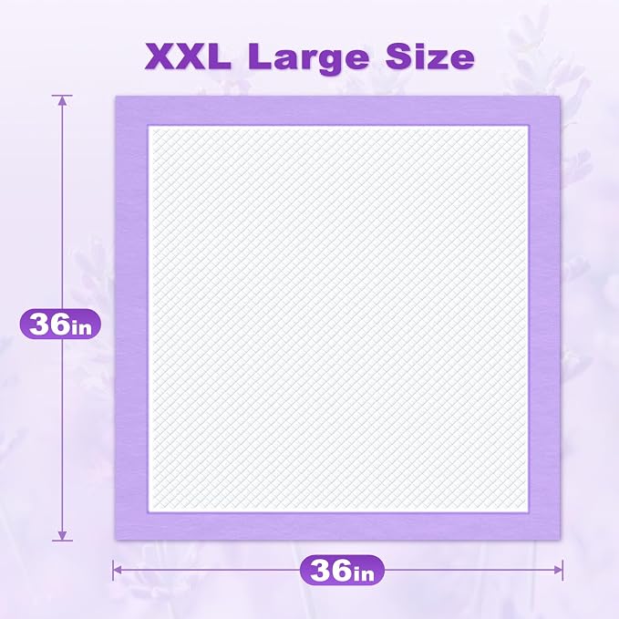 MIZOK Dog Pee Pads Wee Wee Pads Lavender Odor Control XXL 36x36in 30Ct | Purple Doggy Pads with Sticky Adhesive Tabs Bring Soothing Comfort to Your Home for Medium to Large Breed Puppies