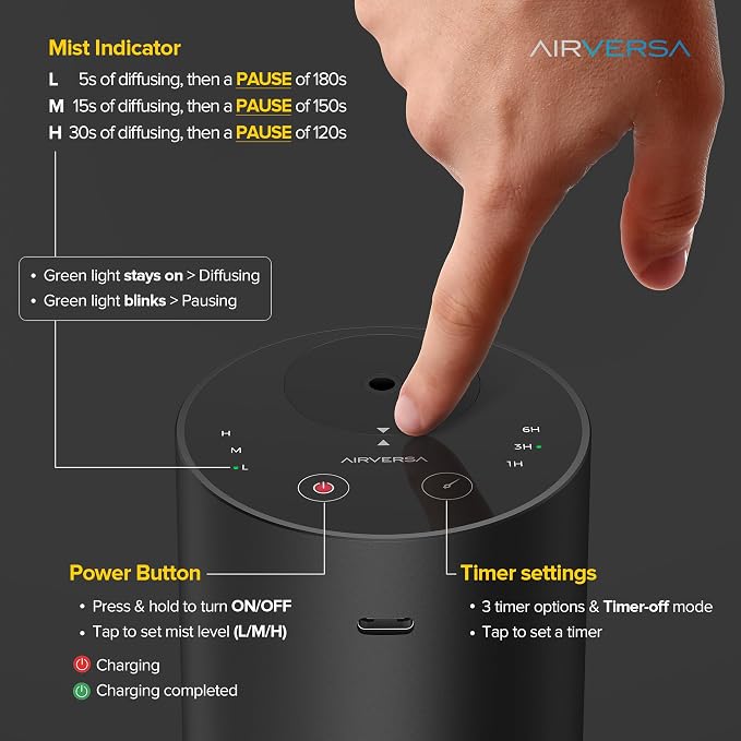 Airversa ADX Waterless Essential Oil Diffuser Starter Kit, Titanium | 4 x 10mL Fragrance Oi, Up to 600 sq ft, Battery Operated, Portable for Home Car Office, ADXKit-4x10-02