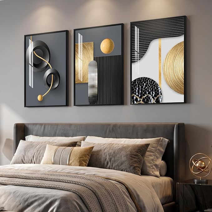 Framed Modern Elegant Wall Art for Living Room, 3 Piece Contemporary Luxury Prints Paintings, Black and Gold Abstract Geometric Pictures for Bedroom Dining Room Hallway Entryway Home Office Wall Decor 20x30 In