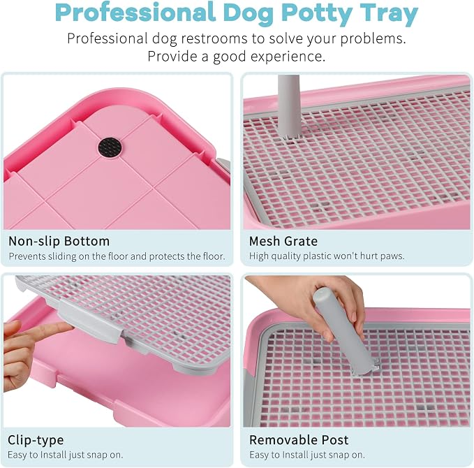 CUHIOY Dog Potty Tray Toilet 20"x14", Indoor Pee Pad Holder, Pink | With 8pcs Training Pads, Puppy Pee Mesh Potty Pan, Secure Latch Doggy Bathroom Litter Box for Small Medium Puppies