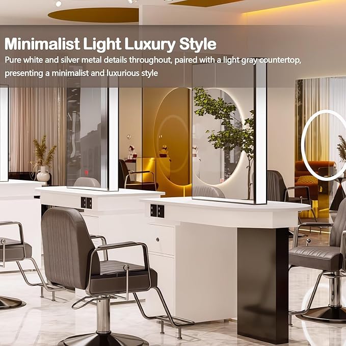 2-Person Salon Station for Hair Stylist with Sleek Modern Glossy Black Design, Barber Station includes LED Mirror, Spacious Countertop, Drawer & Cabinet