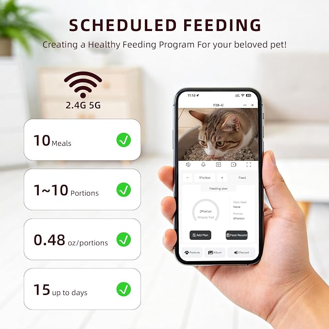 Automatic Cat Feeder with Camera – 5G WiFi Timed Cat Food Dispenser, 4L Clog-Free Smart App Control Pet Feeder, 1080P HD Video with Night Vision Healthy Feeding for Small Pets Indoor