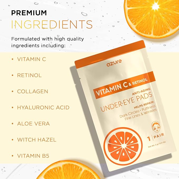 Azure Cosmetics Vitamin C Under Eye Pads - Anti Aging, Lifting & Moisturizing Eye Mask Patches - Reduces Fine Lines, Wrinkles, Dark Circles & Puffiness - Skin Care Made in Korea - 5 Pairs