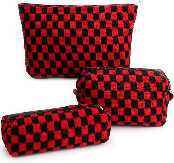 3 Pcs Makeup Bag Cosmetic Bag Set for Girls Women Checkered Travel Organizer Bathroom Toiletry Pouch Large Capacity Storage Bag(Red-Black)