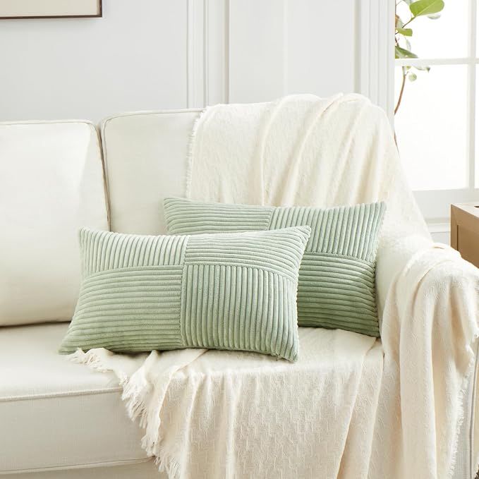 Fancy Homi Sage Green Lumbar Decorative Throw Pillow Covers 22x14 Inch for Living Room Couch Bed, Rustic Farmhouse Boho Home Decor, Soft Striped Corduroy Rectangle Accent Cushion Case 35x55 cm