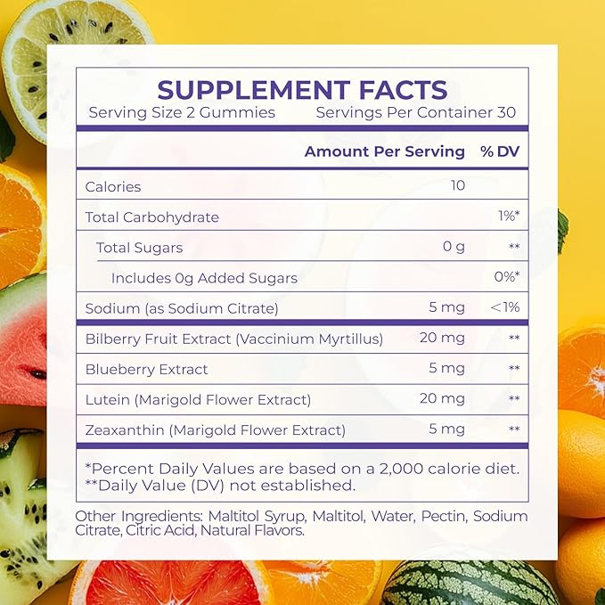 Lutein & Zeaxanthin Gummies - 20mg Lutein + Bilberry, No Sugar, Blue Light Support - Ideal for Dry Eyes & Daily Eye Wellness,120count
