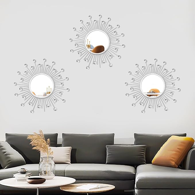 3 Pack Metal Mirrors for Wall Sunburst Wall Mirrors Home Décor Decorative Hanging Wall Art for Living Room Bedroom Entryway (Silver Crystal, Sunburst)