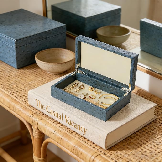 Set of 2 Decorative Storage Boxes with Lids, Faux Ostrich Leather | Memory Box, Soft Velvet Lining, Sturdy MDF Core, Stackable Design, Large Storage Capacity, Gift Ready, Home Décor