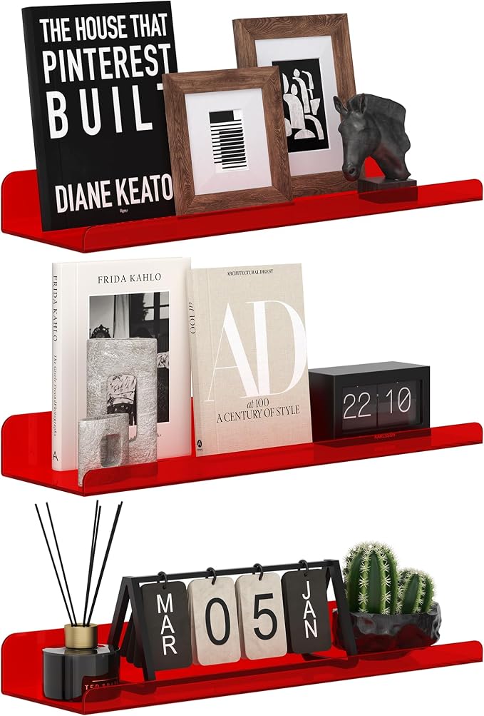 Qukaka Floating Shelves for Wall Decor, 15" Wall Shelves for Bedroom, Living Room, Kitchen, Bathroom Decor, Nail Polish/Book/Decoration/Makeup/Perfume Organizer Floating Shelf-3Pack Clear Red