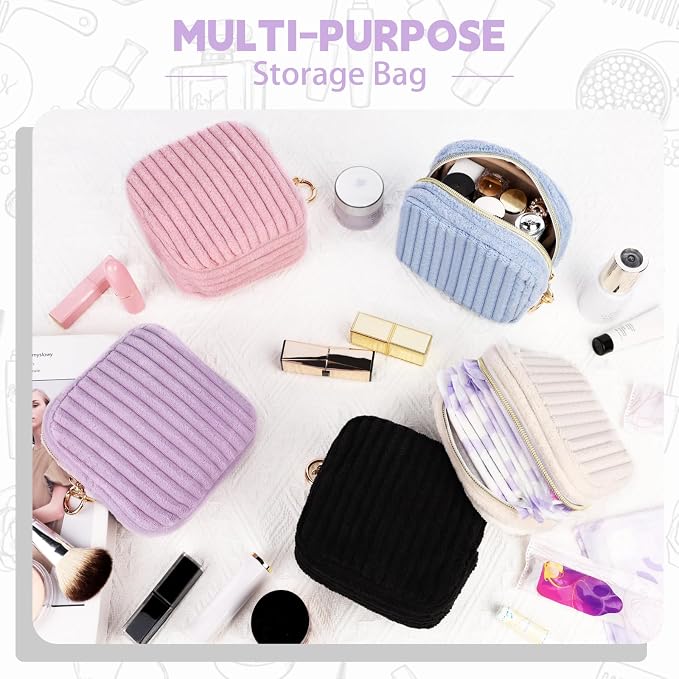 Period Bag for Teen Girls, Fluffy Corduroy Sanitary Napkin Storage Bag, Cute Menstrual Pad PouchTampon Holder for Purse (Beige)
