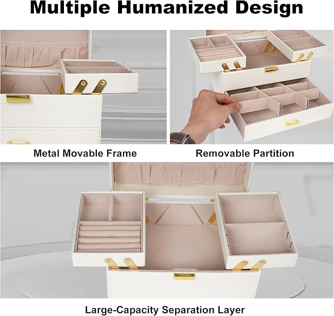 Jewelry Organizer Box, Large Jewelry Boxes for Women Girls, Space-Saving 3 Layers Jewelry Storage Case with Drawer, Movable Metal Stand, Modern, Gift Idea (Cloud White + Gold)